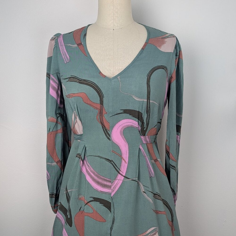 Mint Green Mini Dress Long Sleeve Rayon Abstract Print Back Tie - XS Nine West